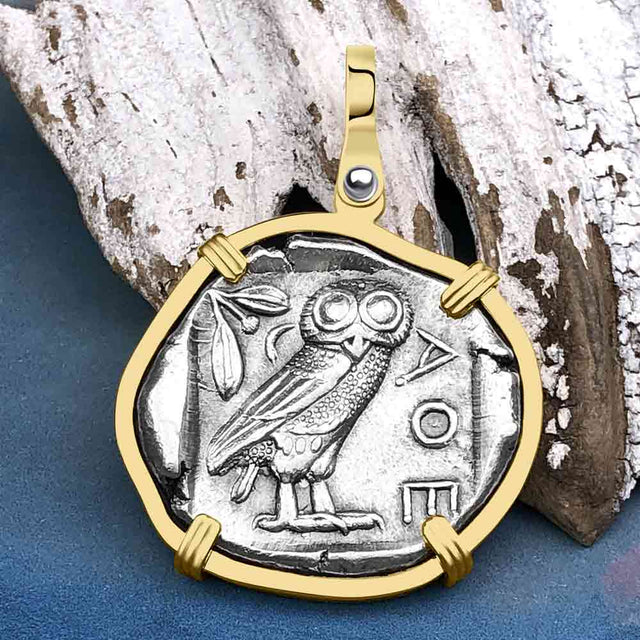 Ancient Greek Athena and the Owl Silver Tetradrachm circa 450 BC 14K Gold Pendant