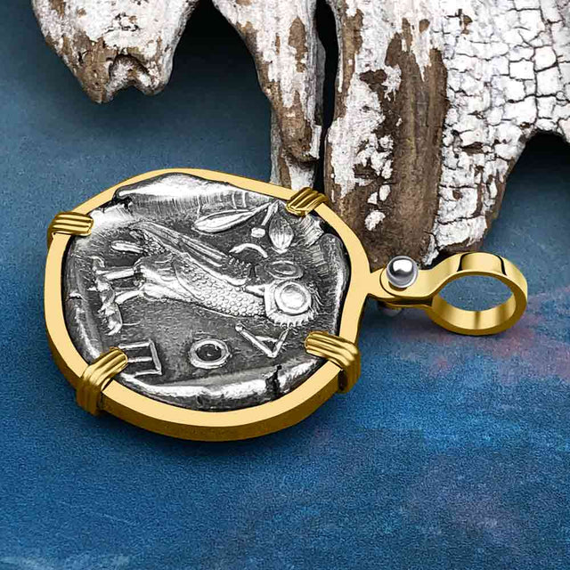 Ancient Greek Athena and the Owl Silver Tetradrachm circa 450 BC 14K Gold Pendant