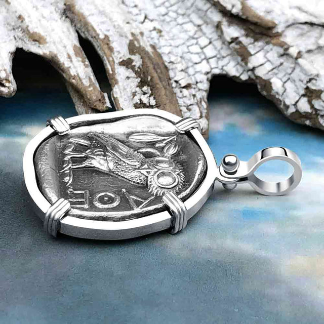 Ancient Greek Athena and the Owl Silver Tetradrachm circa 450 BC Zero-Die 14K White Gold Pendant