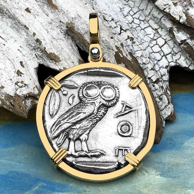 Ancient Greek Athena and the Owl Silver Tetradrachm circa 450 BC 14K Gold Pendant