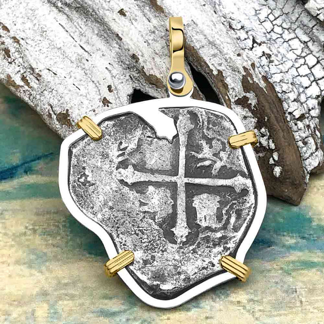 Heart Shaped Concepcion Shipwreck 4 Reale Silver Piece of 8 14K Gold & Sterling Silver Pendant