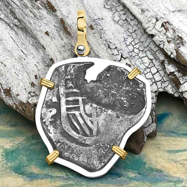 Heart Shaped Concepcion Shipwreck 4 Reale Silver Piece of 8 14K Gold & Sterling Silver Pendant