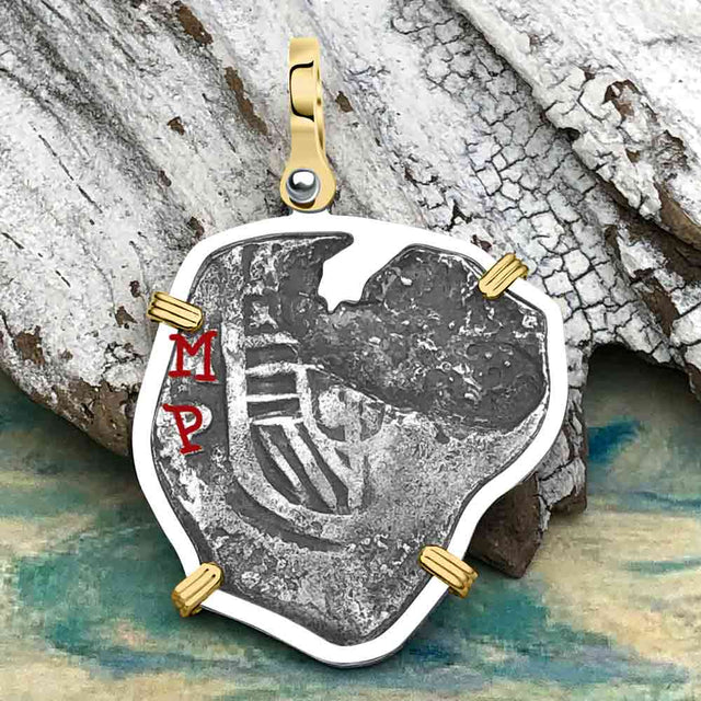 Heart Shaped Concepcion Shipwreck 4 Reale Silver Piece of 8 14K Gold & Sterling Silver Pendant