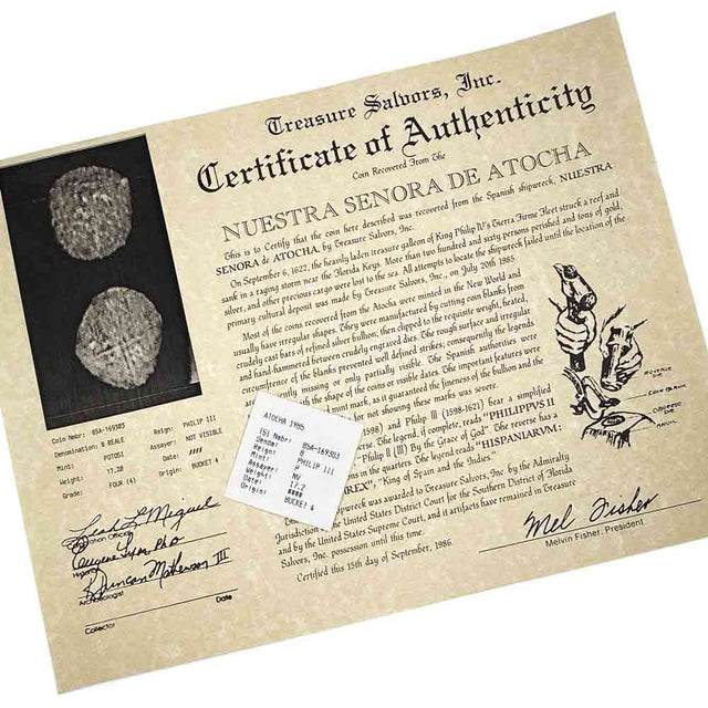 This coin comes with its original, historic Treasure Salvor's, Inc., raised seal Certificate and coin flip insert issued in 1986.
