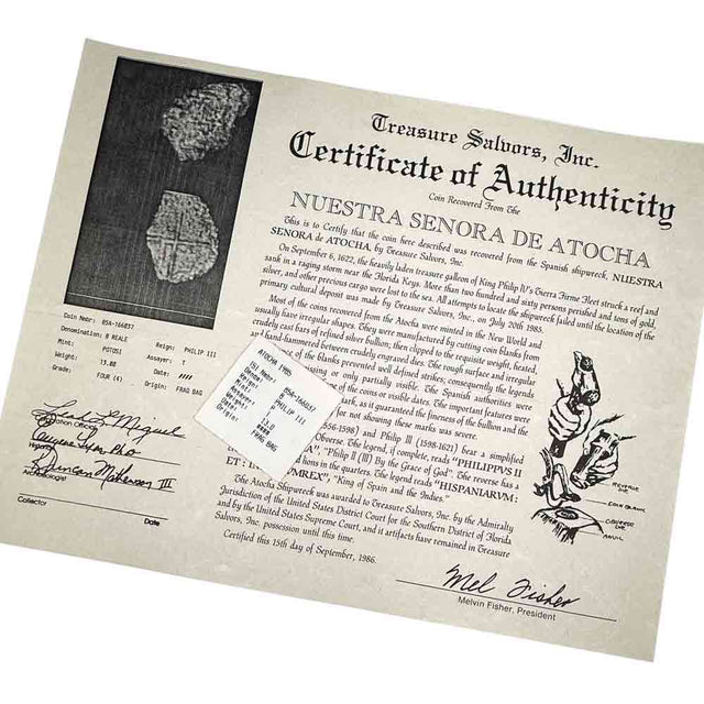 This coin comes with its original, historic Treasure Salvor's, Inc., raised seal Certificate and coin flip insert issued in 1986.