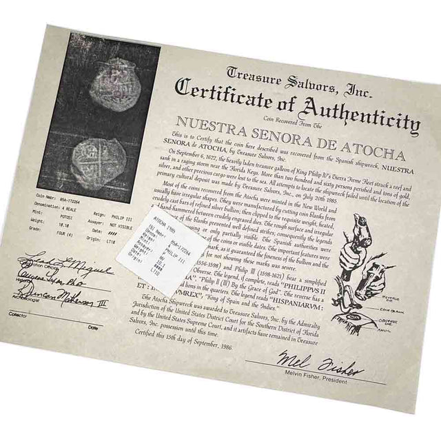 This coin comes with its original, historic Treasure Salvor's, Inc., raised seal Certificate and coin flip insert issued in 1986.