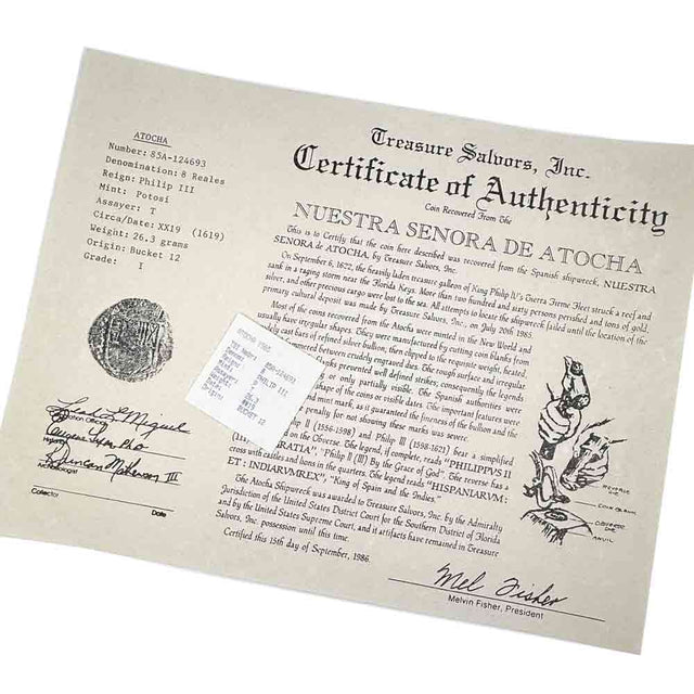 Rare and very collectable, 1985 motherlode discovery original investor's payout Certificate of Authenticity. With its historic, original first issued official corporate seal embossed Treasure Salvor's, Inc certificate and flip insert issued in 1986. The Certificate is what we call "treasure hunter memorabilia." 