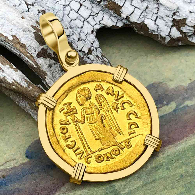 Roman Byzantine Empire "Victory" Angel 24K Gold Solidus Coin circa 491 AD 18K Gold Pendant