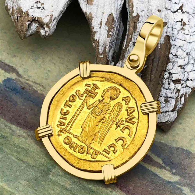 Roman Byzantine Empire "Victory" Angel 24K Gold Solidus Coin circa 491 AD 18K Gold Pendant