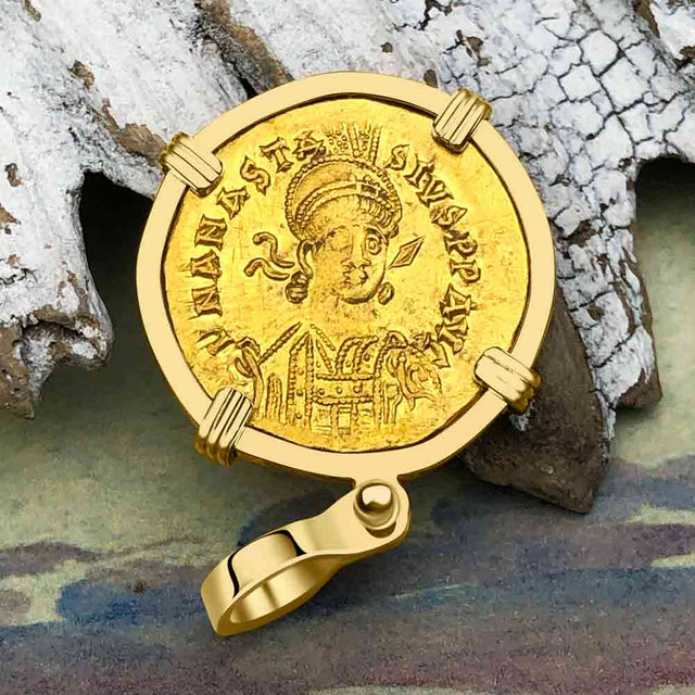 Roman Byzantine Empire "Victory" Angel 24K Gold Solidus Coin circa 491 AD 18K Gold Pendant