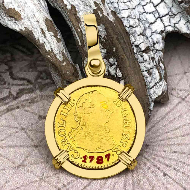 1787 Spanish 22K Gold Portrait Half Escudo - the Legendary Pirate Era Doubloon - 18K Gold Pendant