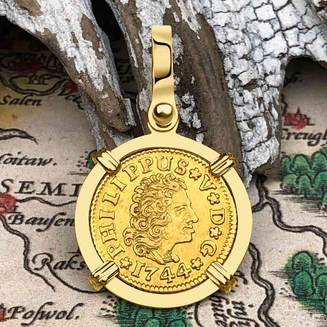 1744 Spanish Gold Portrait Half Escudo - the Legendary Pirate Era Doubloon - 18K Gold Pendant
