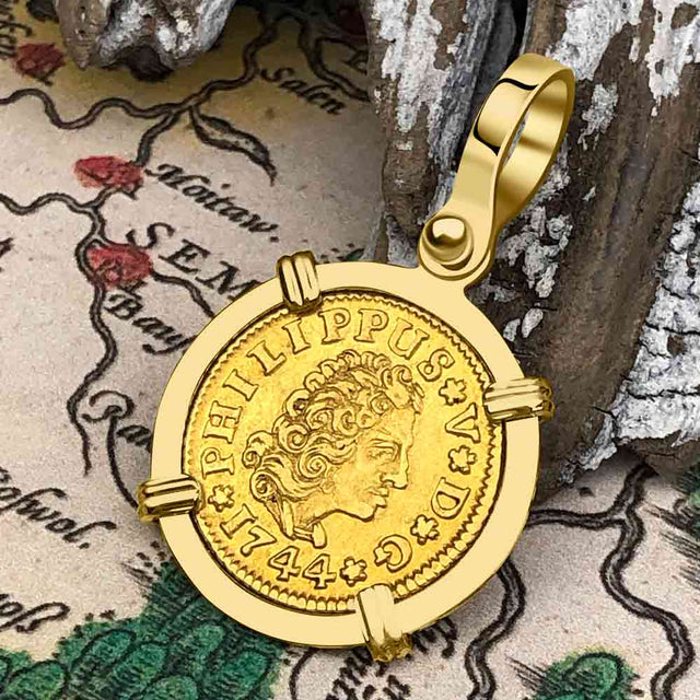 1744 Spanish Gold Portrait Half Escudo - the Legendary Pirate Era Doubloon - 18K Gold Pendant