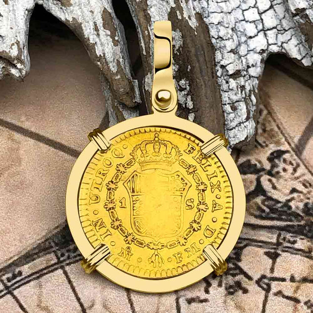 1795 Spanish Gold Portrait One Escudo - the Legendary Pirate Era Doubloon - 18K Gold Pendant