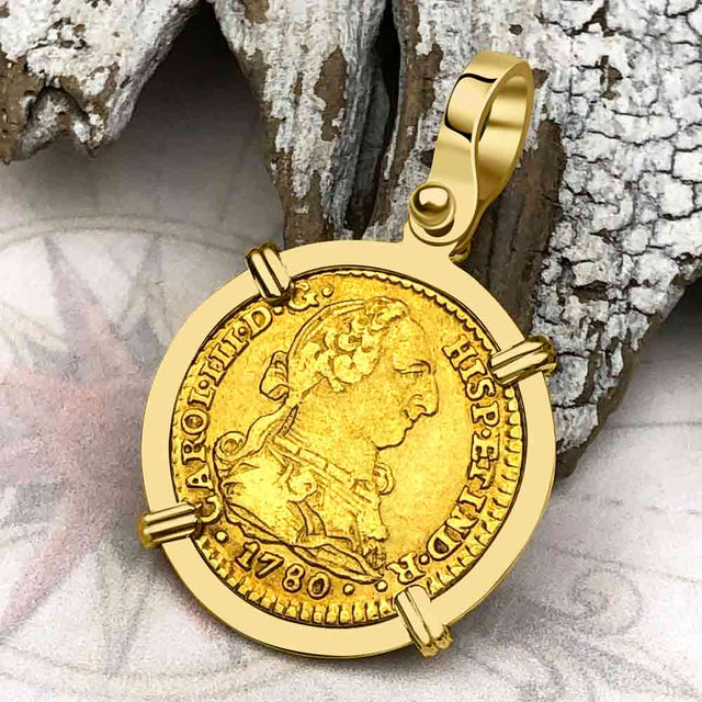 1780 Spanish Gold Portrait One Escudo - the Legendary Pirate Era Doubloon - 18K Gold Pendant