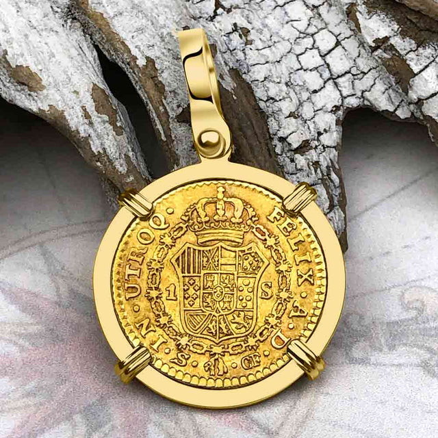 1780 Spanish Gold Portrait One Escudo - the Legendary Pirate Era Doubloon - 18K Gold Pendant