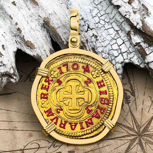 Extremely Rare Pirate Era Dated 1704 22K Gold 2 Escudo the Legendary Doubloon 18K Gold Pendant