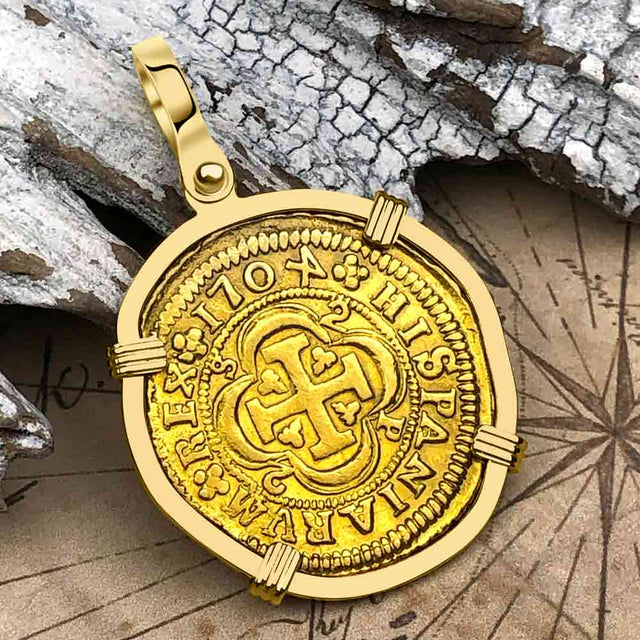 Extremely Rare Pirate Era Dated 1704 22K Gold 2 Escudo the Legendary Doubloon 18K Gold Pendant