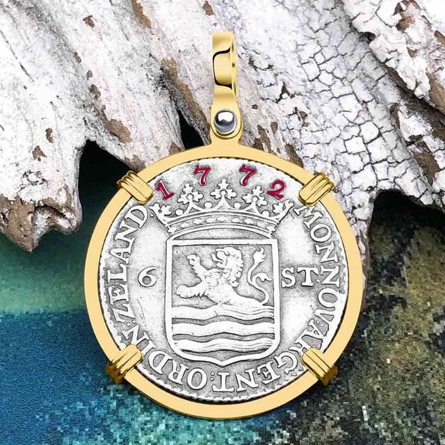 Dutch East India Company 1772 Silver 6 Stuiver Ship Shilling "I Struggle and Survive" 14K Gold