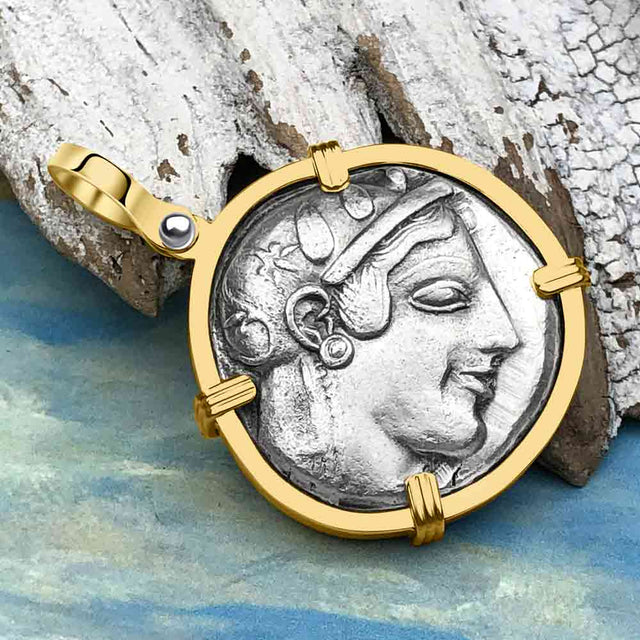 Ancient Greek Athena and the Owl Silver Tetradrachm circa 450 BC 14K Gold Pendant
