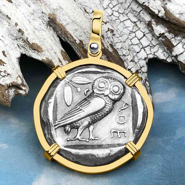 Ancient Greek Athena and the Owl Silver Tetradrachm circa 450 BC 14K Gold Pendant