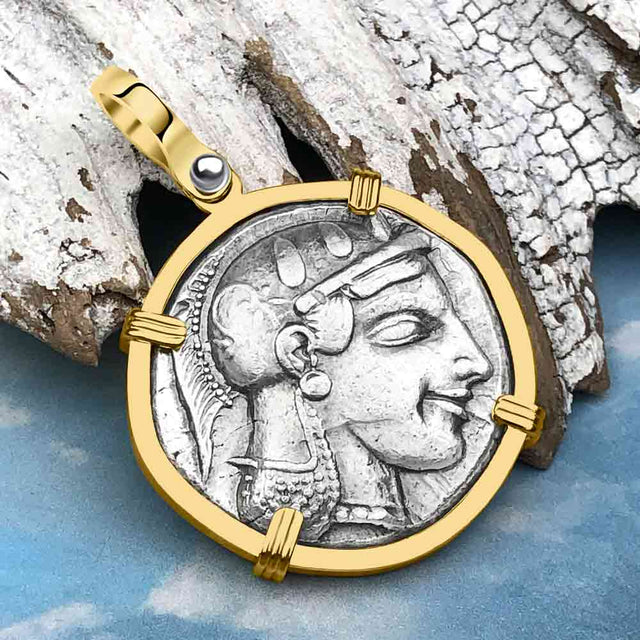 Ancient Greek Athena and the Owl Silver Tetradrachm circa 450 BC 14K Gold Pendant
