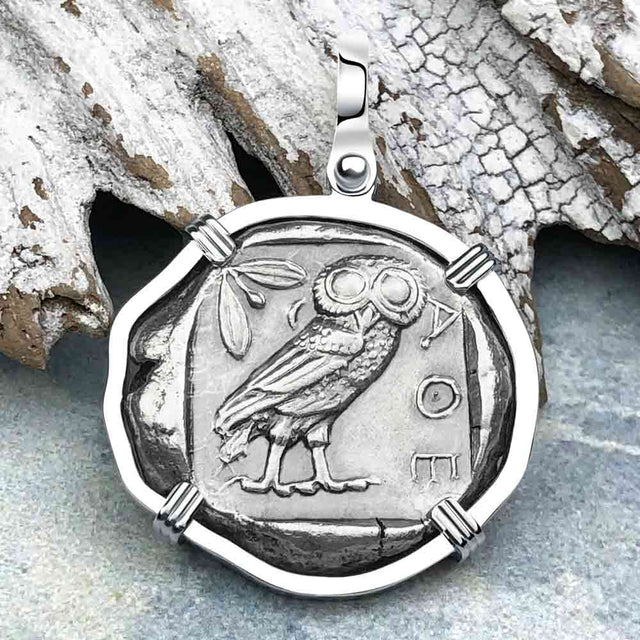 Ancient Greek Athena and the Owl Silver Tetradrachm circa 450 BC 14K White Gold Pendant
