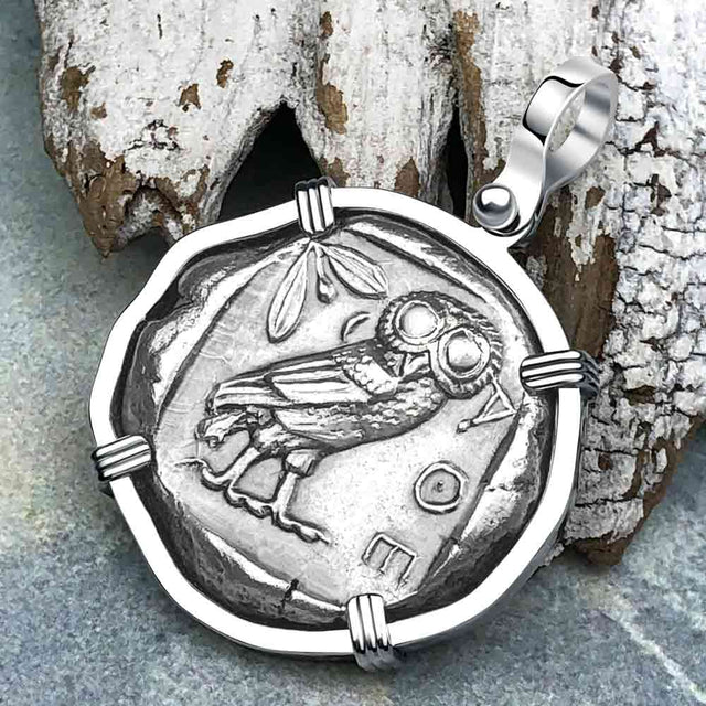 Ancient Greek Athena and the Owl Silver Tetradrachm circa 450 BC 14K White Gold Pendant