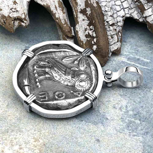 Ancient Greek Athena and the Owl Silver Tetradrachm circa 450 BC 14K White Gold Pendant