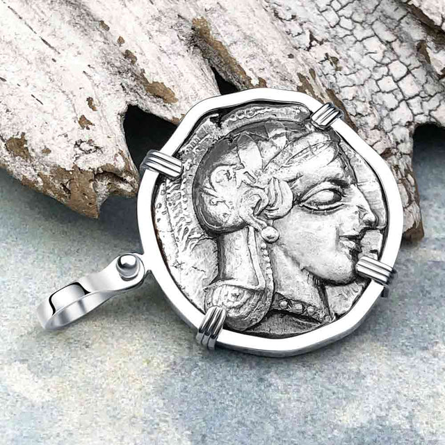 Ancient Greek Athena and the Owl Silver Tetradrachm circa 450 BC 14K White Gold Pendant
