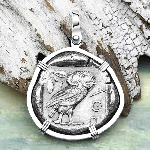 Ancient Greek Athena and the Owl Silver Tetradrachm circa 450 BC 14K White Gold Pendant