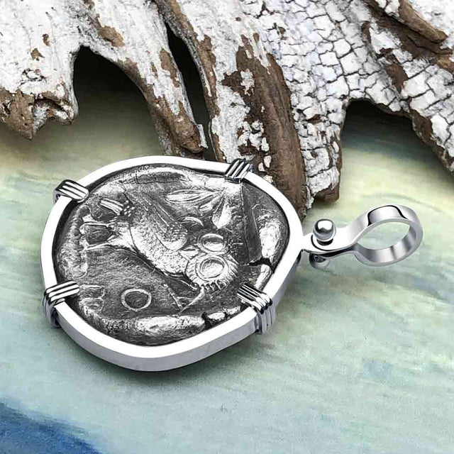 Ancient Greek Athena and the Owl Silver Tetradrachm circa 450 BC 14K White Gold Pendant