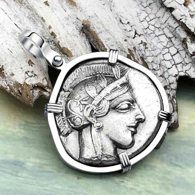 Ancient Greek Athena and the Owl Silver Tetradrachm circa 450 BC 14K White Gold Pendant