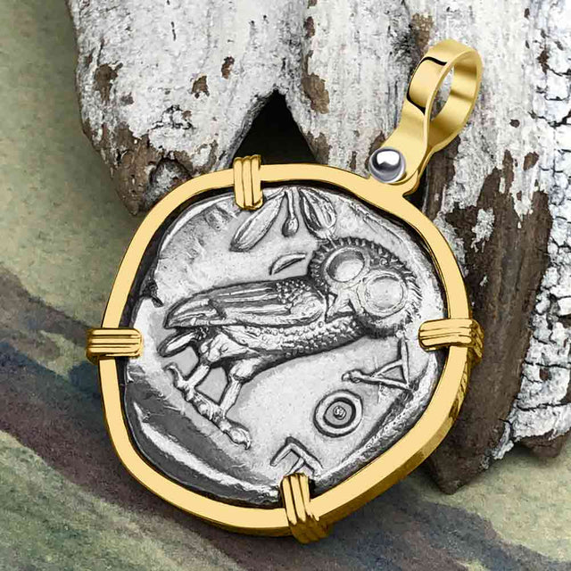 Ancient Greek Athena and the Owl Silver Tetradrachm circa 450 BC RARE Zero-Die 14K Gold Pendant