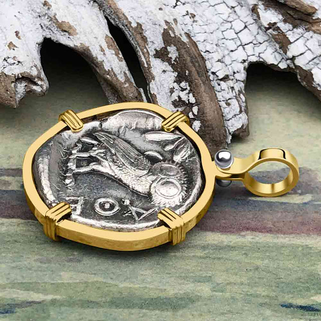 Ancient Greek Athena and the Owl Silver Tetradrachm circa 450 BC RARE Zero-Die 14K Gold Pendant