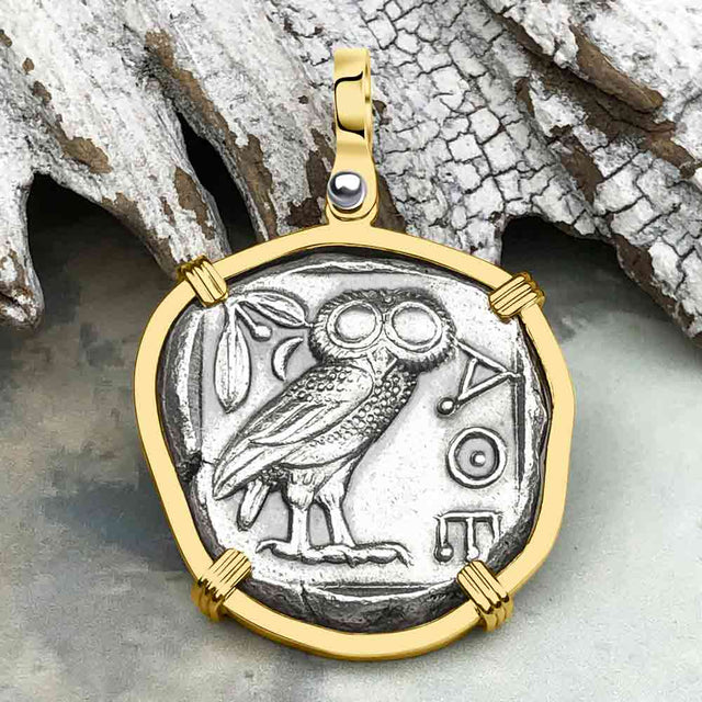 Ancient Greek Athena and the Owl Silver Tetradrachm circa 450 BC 14K Gold Pendant