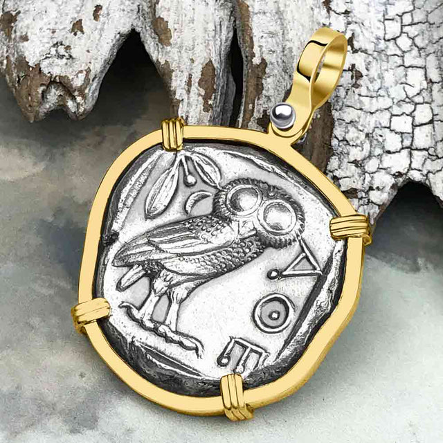 Ancient Greek Athena and the Owl Silver Tetradrachm circa 450 BC 14K Gold Pendant
