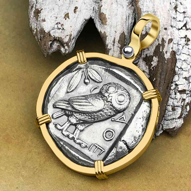 Ancient Greek Athena and the Owl Silver Tetradrachm circa 450 BC 14K Gold Pendant