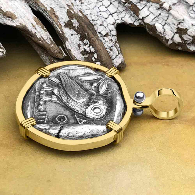 Ancient Greek Athena and the Owl Silver Tetradrachm circa 450 BC 14K Gold Pendant