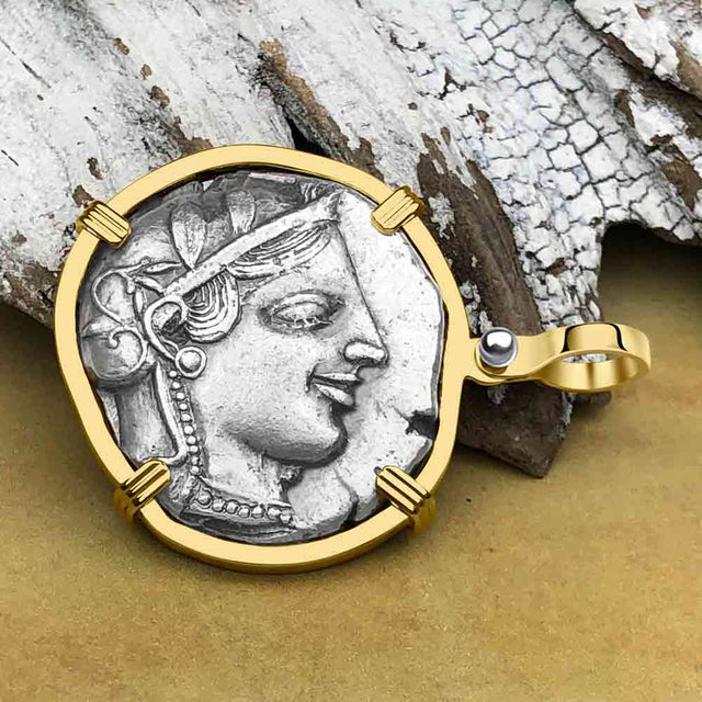 Ancient Greek Athena and the Owl Silver Tetradrachm circa 450 BC 14K Gold Pendant