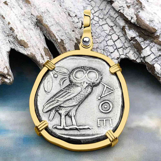 Ancient Greek Athena and the Owl Silver Tetradrachm circa 450 BC RARE Zero-Die 14K Gold Pendant