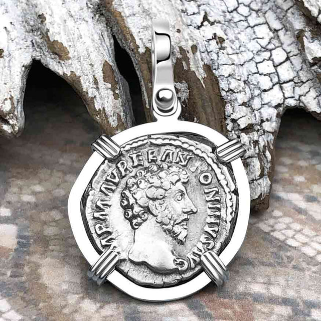 Roman Empire Silver Denarius Coin of Marcus Aurelius, the Philosopher Warrior 161 AD 14K White Gold Pendant