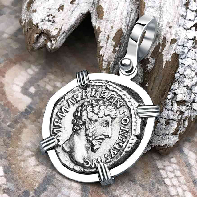 Roman Empire Silver Denarius Coin of Marcus Aurelius, the Philosopher Warrior 161 AD 14K White Gold Pendant