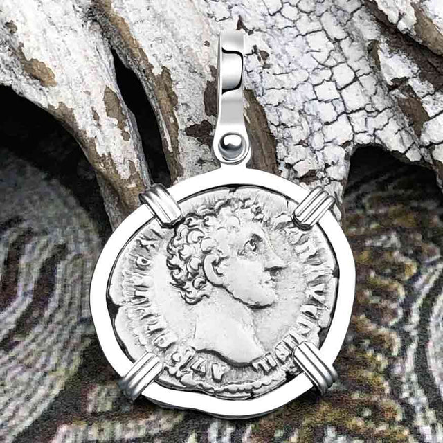 Roman Empire Silver Denarius Coin of Marcus Aurelius, the Philosopher Warrior 153 AD 14K White Gold Pendant