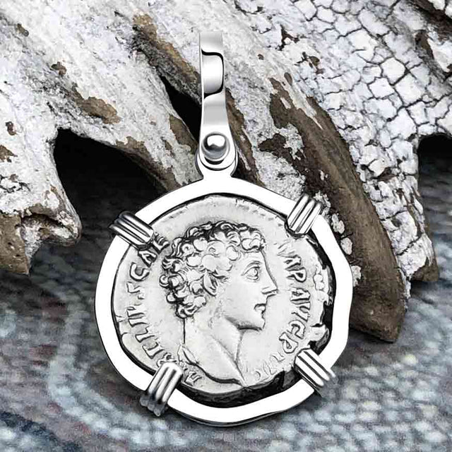 Roman Empire Silver Denarius Coin of Marcus Aurelius, the Philosopher Warrior 145 AD 14K White Gold Pendant