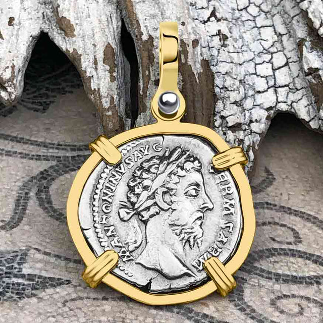 Roman Empire Silver Denarius Coin of Marcus Aurelius, the Philosopher Warrior 175 AD 14K Gold Pendant