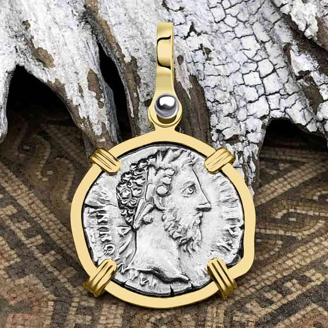 Roman Empire Silver Denarius Coin of Marcus Aurelius, the Philosopher Warrior 170 AD 14K Gold & Sterling Silver Pendant