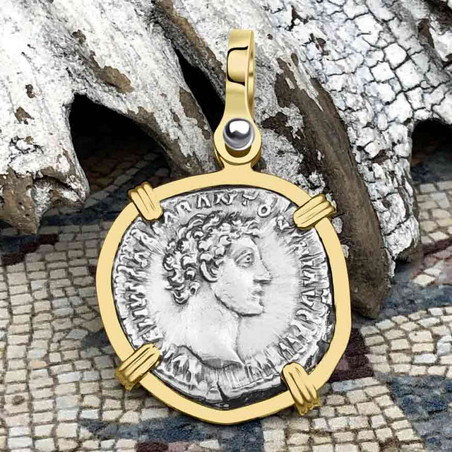 Roman Empire Silver Denarius Coin of Marcus Aurelius, the Philosopher Warrior 151 AD 14K Gold Pendant