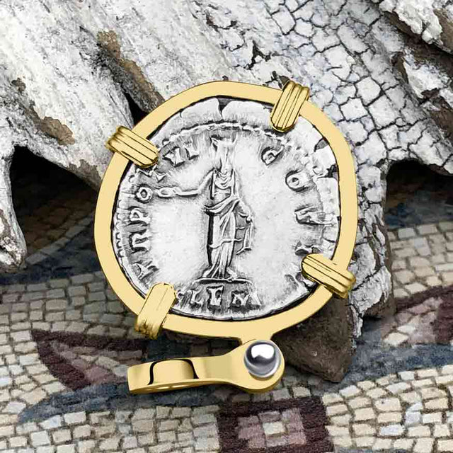 Roman Empire Silver Denarius Coin of Marcus Aurelius, the Philosopher Warrior 151 AD 14K Gold Pendant