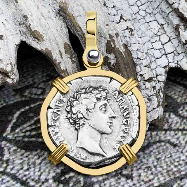 Roman Empire Silver Denarius Coin of Marcus Aurelius, the Philosopher Warrior 145 AD 14K Gold Pendant